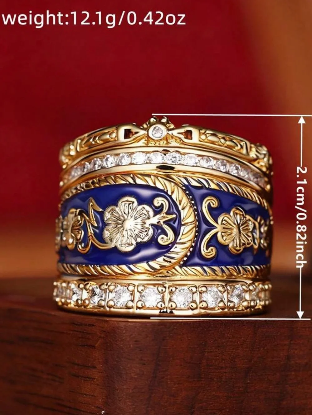 Gold and Blue Enamel Floral Band Ring